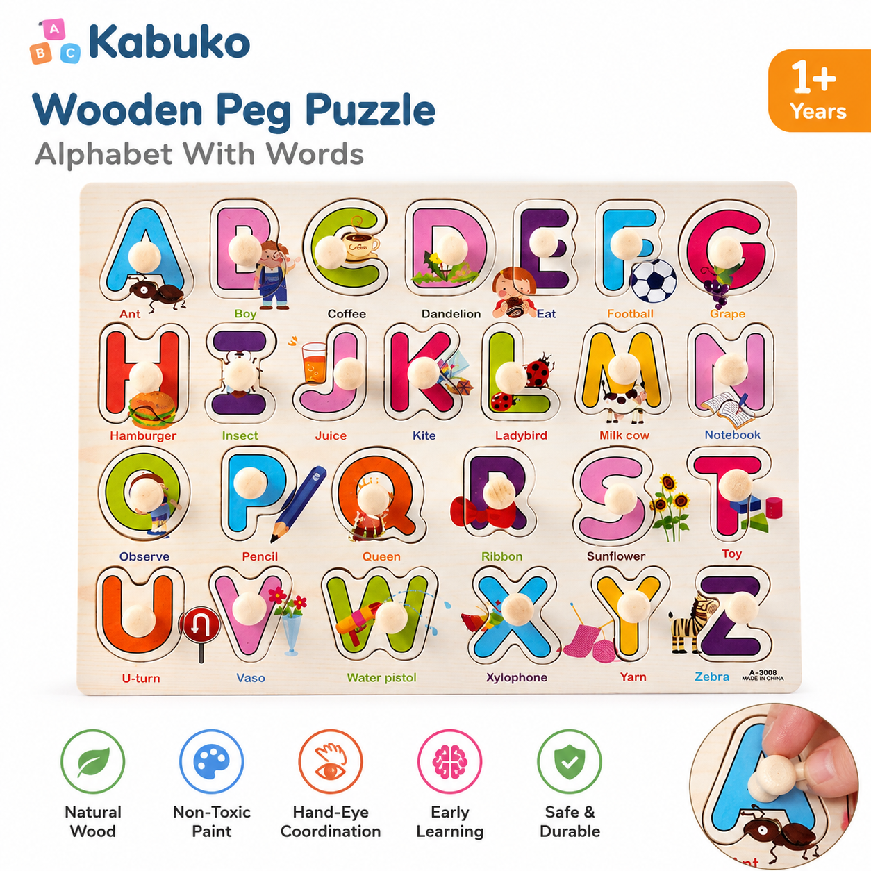 wooden alphabet with words puzzle with knobs capital letters